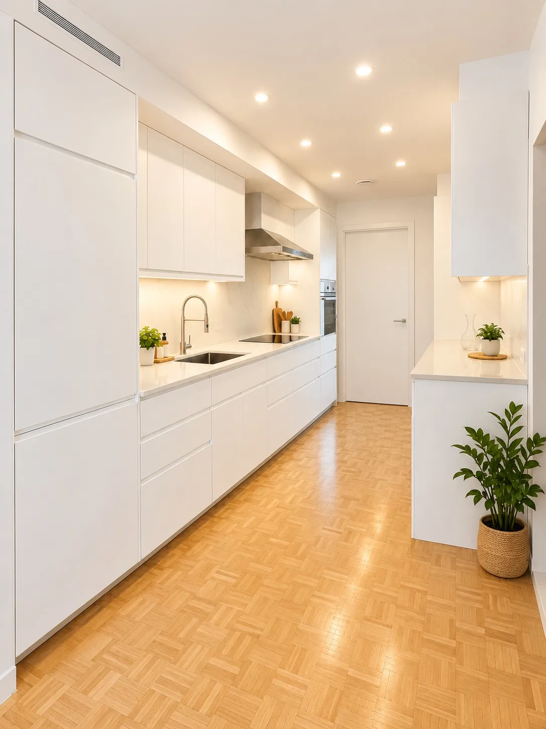 Narrow white galley kitchen with handleless floor-to-ceiling cabinets, a light worktop, recessed spotlights and block parquet.
