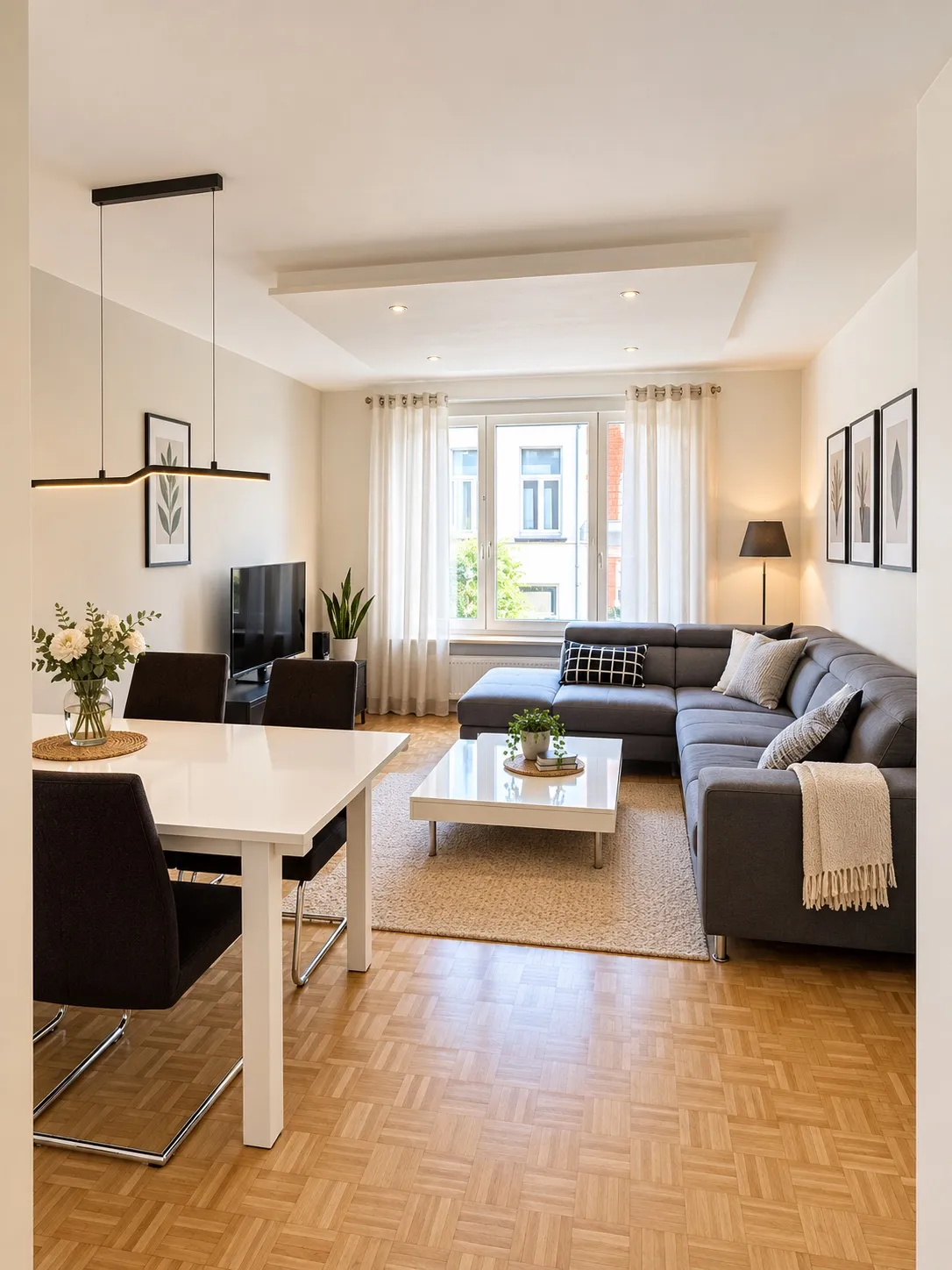 Lichte leefruimte met grijze hoekzetel, verlaagd plafond met inbouwspots, eettafel met hanglamp en blokjesparket.