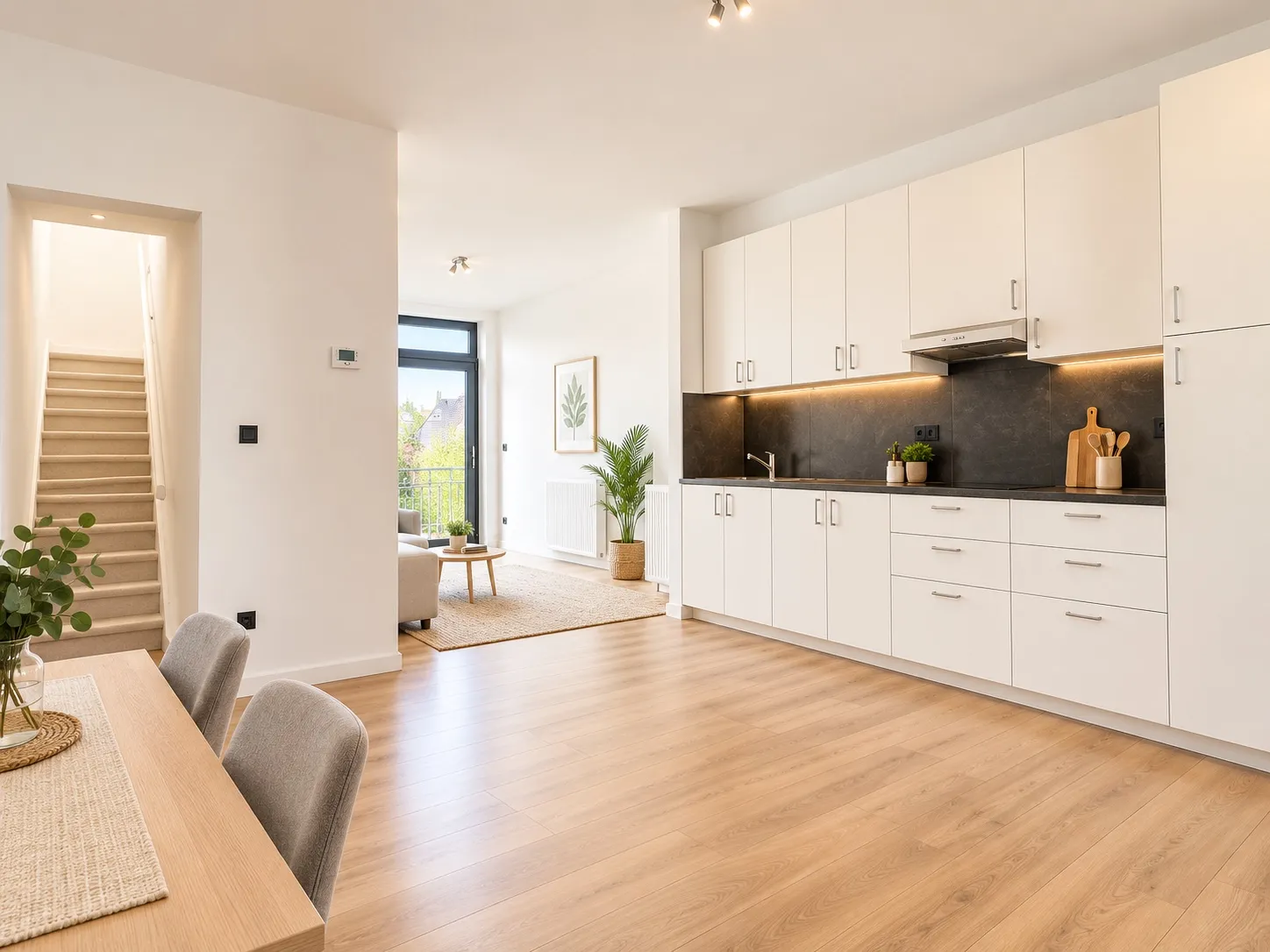 Open leefruimte met witte keukenwand en donkere achterwand, houten vloer, eettafel en zithoek bij een raam naar het terras.